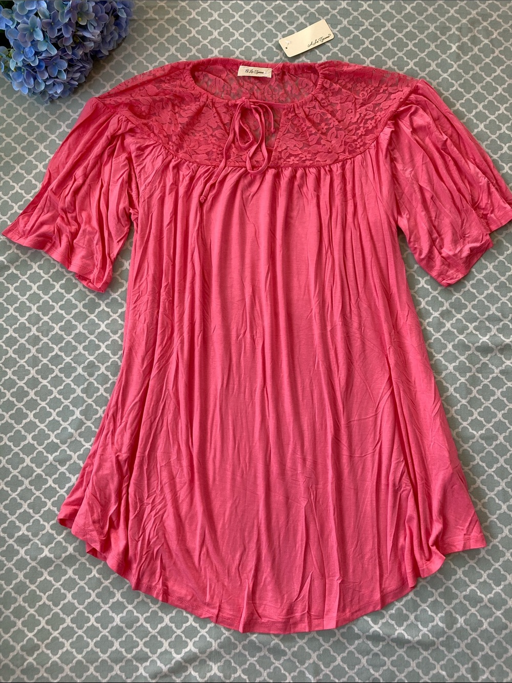 A La Tzarina Pink Lace Yoke Tunic Dress M NWT